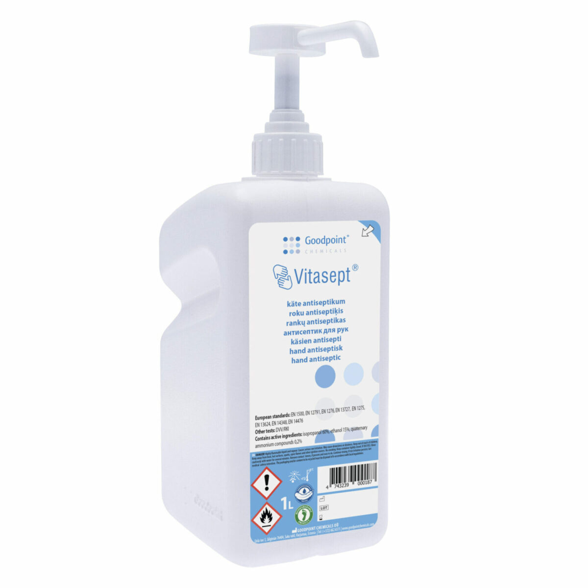 Goodpoint Chemicals Hand antiseptic with two alcohols   Vitasept® is an effective broad-spectrum hand antiseptic, which is used both in medicine as a hygienic and surgical hand antiseptic, and in the private sector for the purpose of public health protection. Suitable for use on both sensitive, oily and normal skin. Pomello