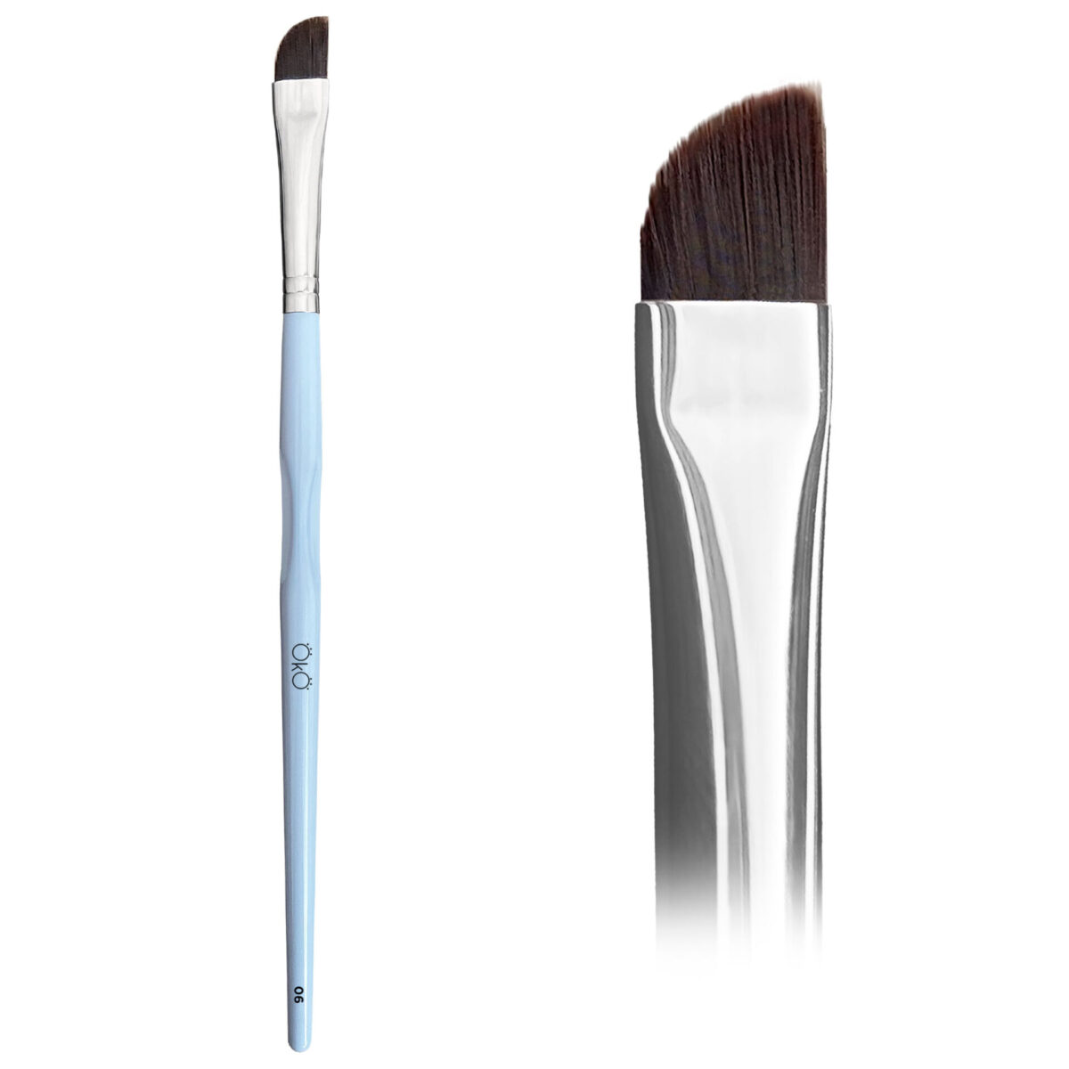 OKO Lash&Brow OKO Soft Large Angled Brush #6 is a unique versatile professional synthetic brush for makeup artists. OkO brush No. 6 is made of high-quality materials, with a soft, dense and durable bristle. The soft edge of the brush allows for a perfect ombre color with a clean bottom line. Thanks to the large size of the brush, the work is fast and high-quality. Designed to work with tints, henna, decorative cosmetics and favorite cream and gel textures. This brush allows you to apply layers of products evenly and gently.   Details matter! The handle of the brush is made taking into account the anatomy of a specialist's hand to ensure greater comfort when doing work.   Bristles height: 3-9 mm Bristles width: 8 mm Brush length: 17.8 cm Material: synthetic, nylon Pomello