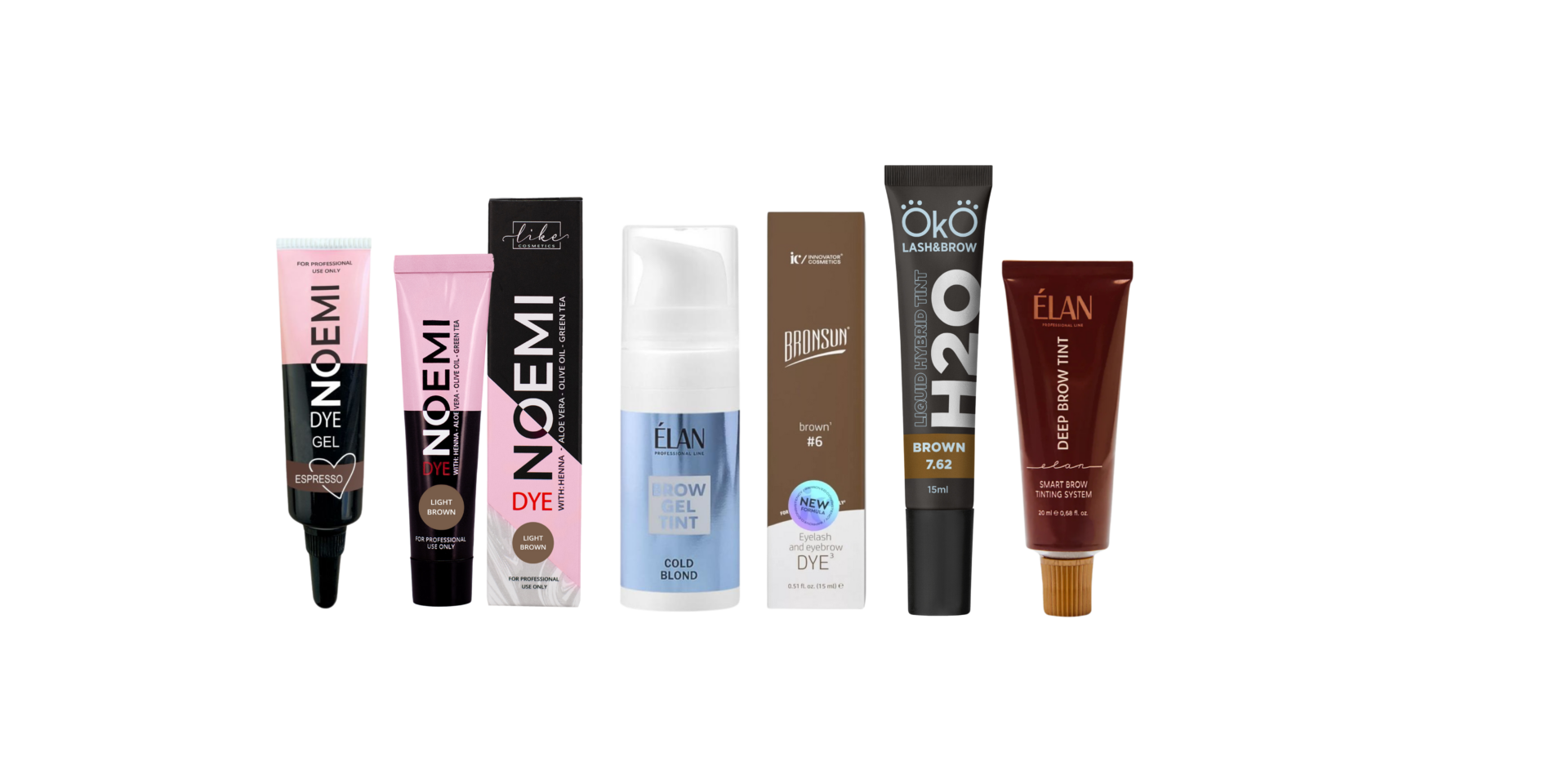 NOEMI Gel Dye, NOEMI Hybrid Dye, ELAN Gel Dye, Bronsun, OKO H20, ELAN Deep Brow Tint